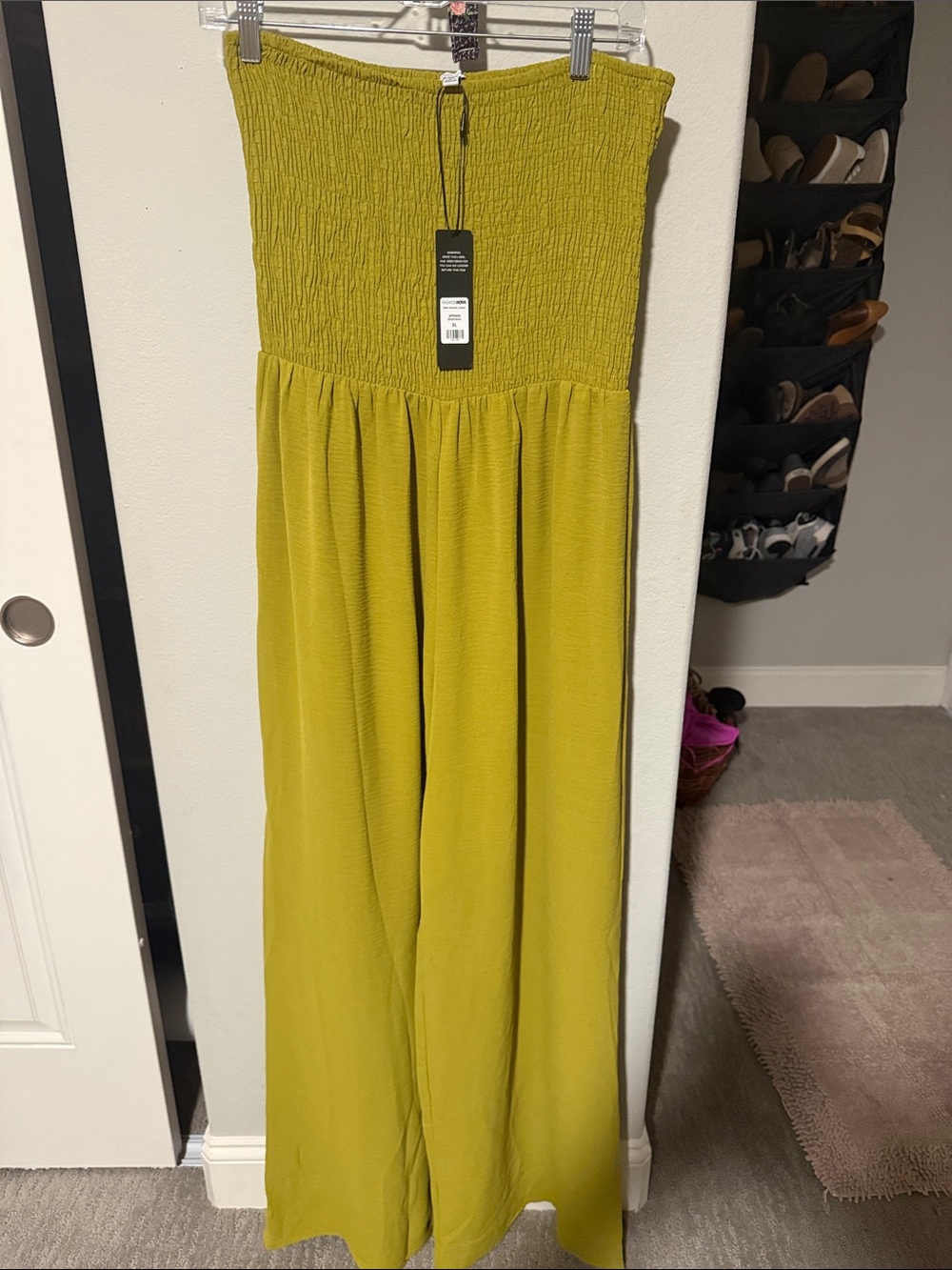 New..Smocked Strapless Wide-Leg Jumpsuit in Olive